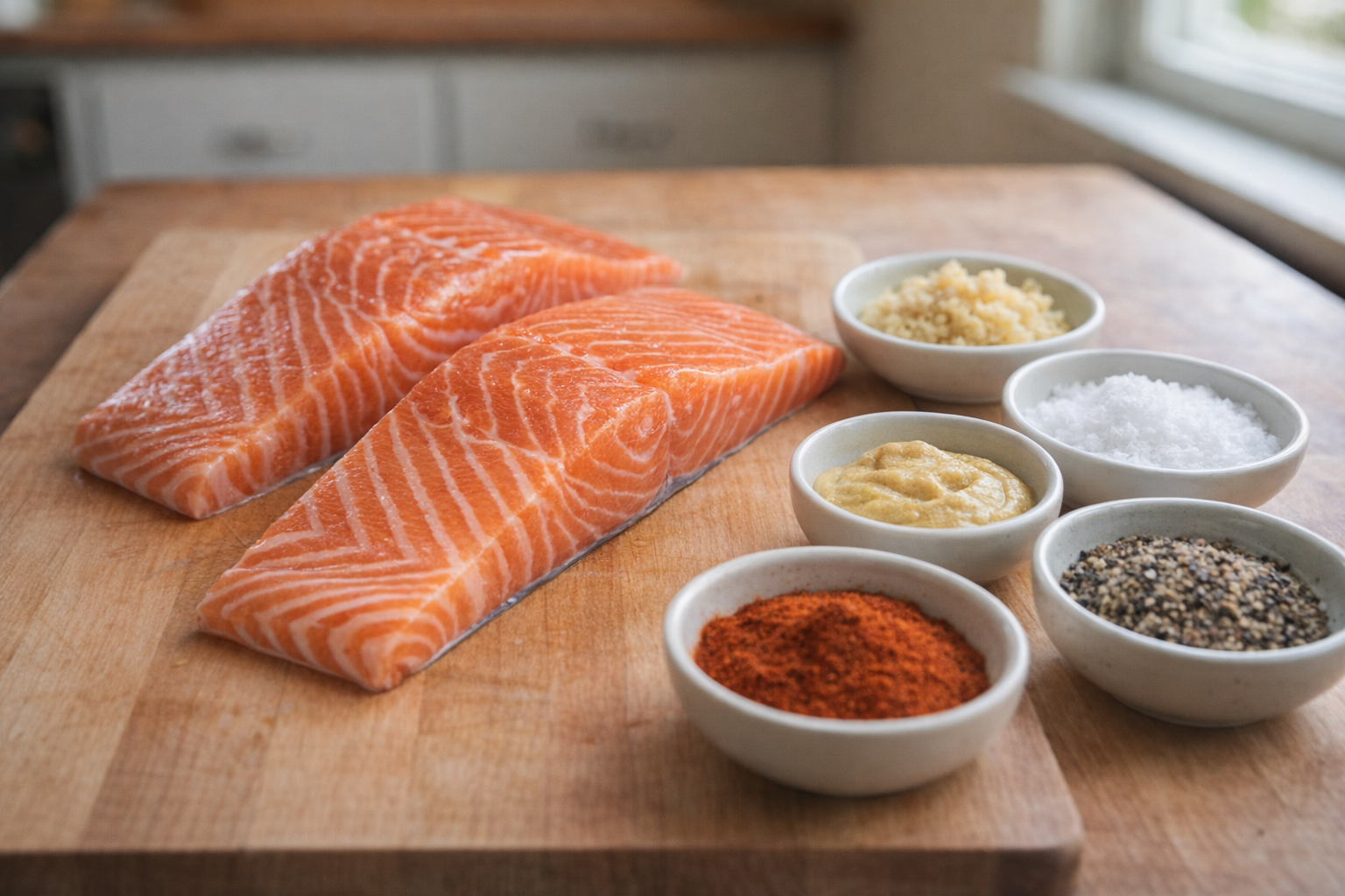 A close-up shot of raw salmon fillets on a cutting board, alongside small bowls of Dijon mustard, minced garlic and ginger, smoked paprika, salt, and pepper, natural light coming from a window